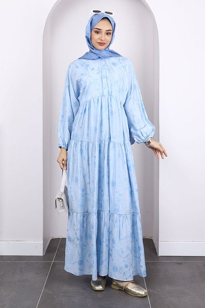 İmajButik Φόρεμα με μπλε πάγο με μοτίβο με μισό κουμπί μανίκι ελαστικό