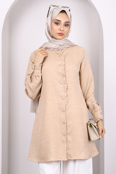 İmajButik Mink Buttoned Ruffle Detailed Tunic