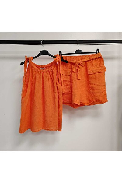 Luisido Orange Italian Zero Sleeve Shorts Linen Suit