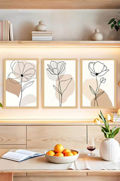 kutuTR 🖼️ Minimal Çizgisel Çiçek Desenli 3'lü Tablo Seti Bej Tonlu, Modern Ç...