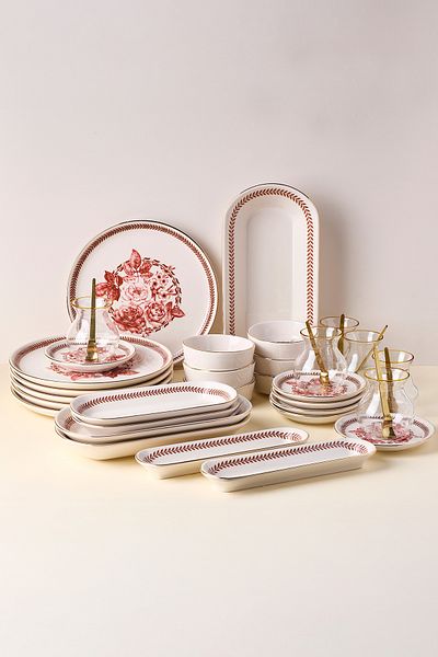 Perotti Danish Rose Gilded 37 Piece Stackable Breakfast Set and Presentation Set for 6 People