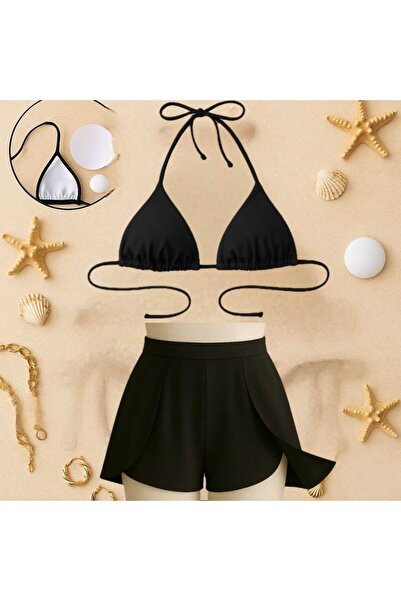 Stail Moda Kadın 2PARÇA Siyah Dalgıç Kumaş astali Yırtmaçlı Etek Görünümlü Şı...