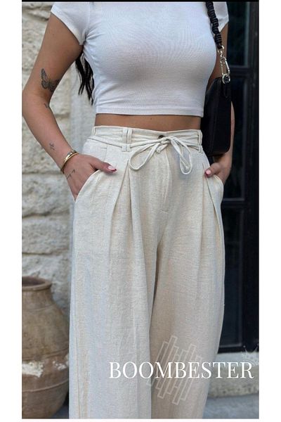 BoomBester Women's Broken Twill Linen Palazzo Trousers with Elastic Waist and Lace Detail