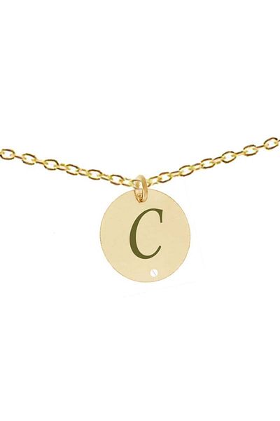 dalimag Lanț din argint 925 placat cu aur de 24k, 50 cm, cu pandantiv circular gravat cu litera C