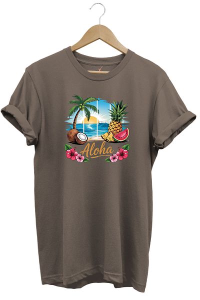 WİDİ Summer Vibes Aloha Written Coconut Summer Beach με στάμπα 100% βαμβακερό Unisex μπλουζάκι με κανονική εφαρμογή
