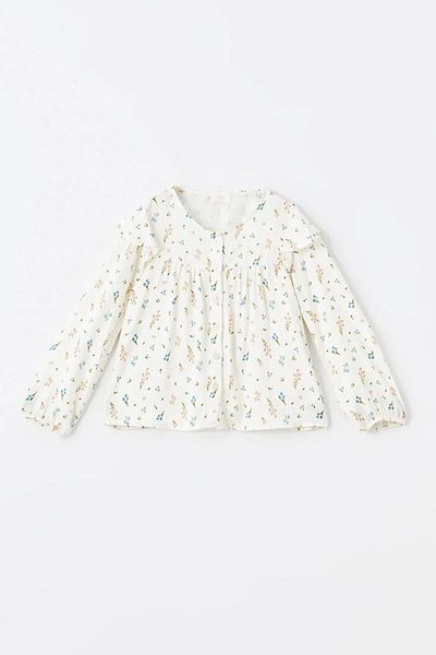 Kübra Tekstil Girls Floral Print Long Sleeve Relaxed Cut Blouse Ecru Blouse