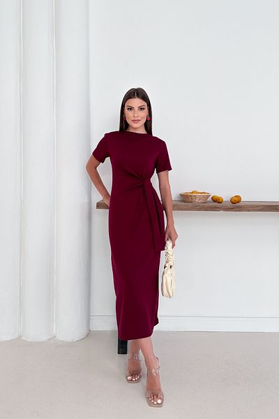 mielva Rochie de damă din țesătură modal burgundă cu detaliu de șireturi laterale