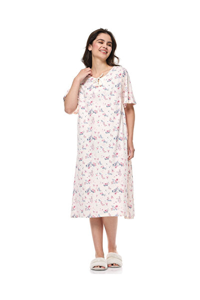 R&B Floral Print Nightdress with Tie-Neck and Short Sleeves