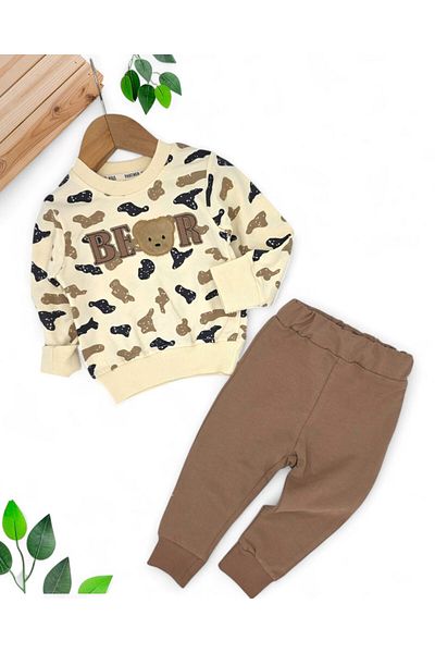 voyyo kids baby Baby Boy Bear Embroidered Seasonal 2-Piece Set - Long Sleeve Sweatshirt and Trousers 6-24 Months