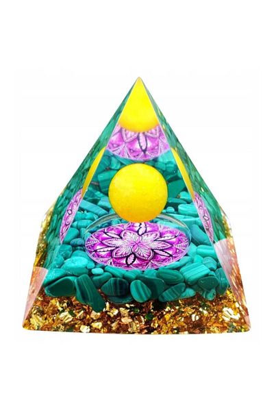 BLA BLA FOAM Orgone Pyramid, With Solar Plexus Chakra, Sacred Symbol And Golden Crystals – Harmony, Trust