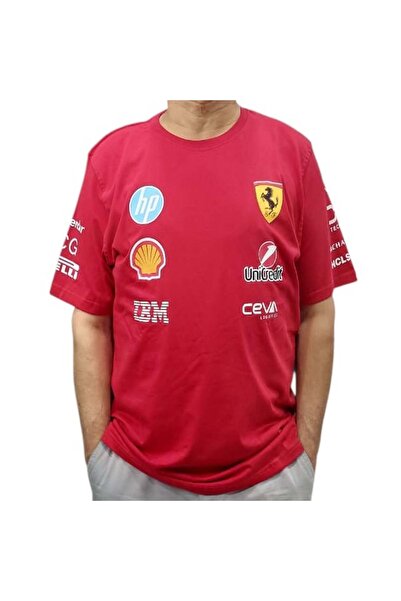 More Erkek Yuvarlak Yakalı Ferrari Yazılı Baskılı Kısa Kollu Kırmızı Tişört ETY-FRHP