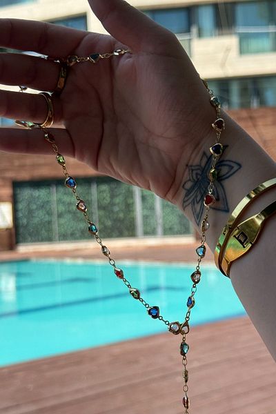Trendy Butik Colorful Y Necklace with Circle Figure