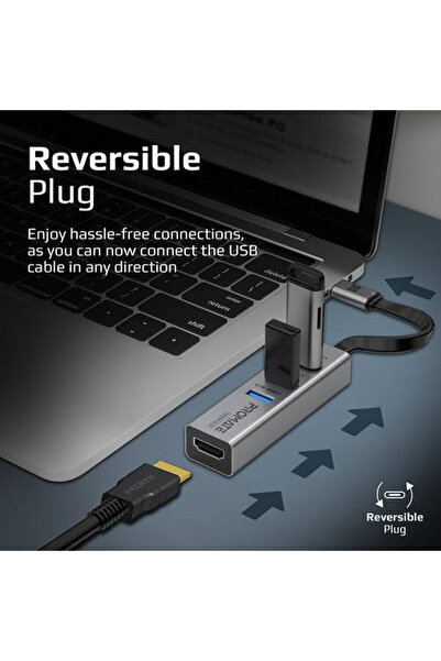 Promate "محول USB-C إلى HDMI بدقة عالية 4K بمعدل 30 هرتز، مزود بـ 3 منافذ USB 3.0،