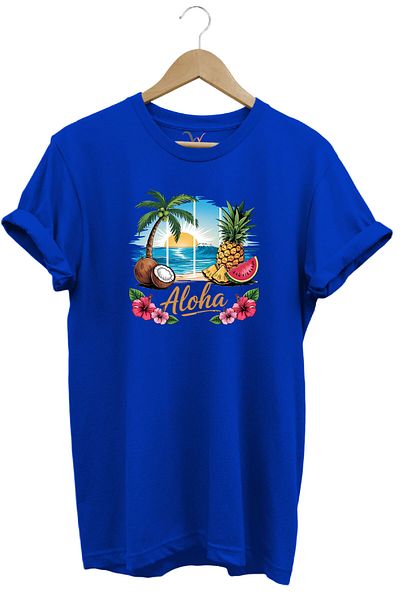 WİDİ Summer Vibes Aloha Written Coconut Summer Beach με στάμπα 100% βαμβακερό Unisex μπλουζάκι με κανονική εφαρμογή