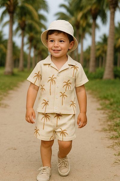 GÖKJOY BUTİK Premium Quality Palm Printed Cotton Fabric Boy's Shorts Suit