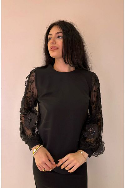 LAMAZONEEXXEN Black Blouse with Lace Flower Detail