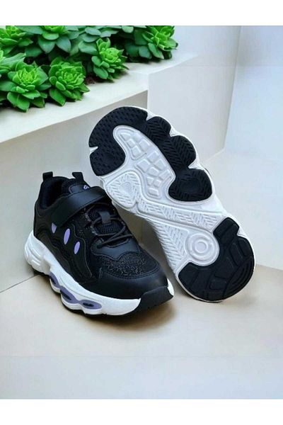 pepino Girl Child Glitter Velcro Rubber Lace-Up Rubber Light Sole Orthopedic Black Sneakers