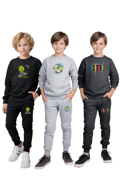YA KO KİDS 3-Piece Boy's Tracksuit Set with Round Neck Print Details