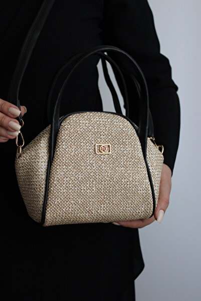 mossi Hasır Görünümlü Siyah Suni Deri Kadın El Ve Omuz Çantası