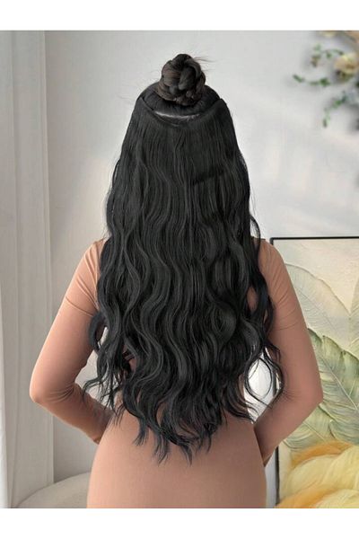 AKOLİFE Black Water Wave Wide U Part Half Moon Hairpiece Snap in Hair - Human Hair Texture