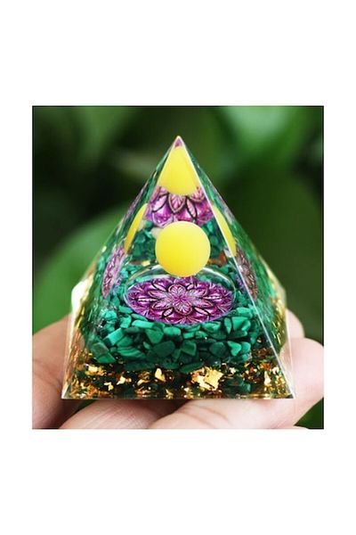 BLA BLA FOAM Orgone Pyramid, With Solar Plexus Chakra, Sacred Symbol And Golden Crystals – Harmony, Trust