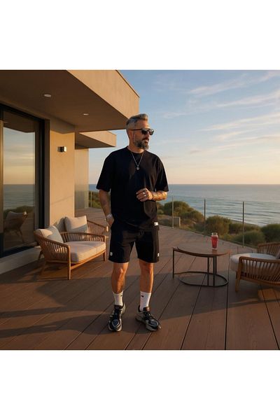 higo Waffle Fabric Oversize Men's T-Shirt & Shorts Set of Two