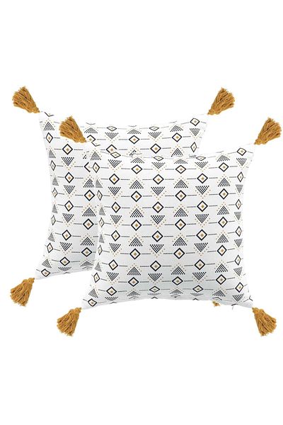 OEM Set of 2 decorative pillows with tassels, 40x40 cm, white with print