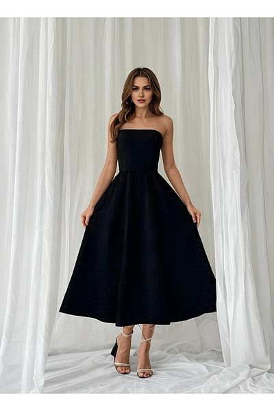 OLSAMODA Women's Strapless Blouse Cut Midi Length Engagement Wedding Invitation Dress