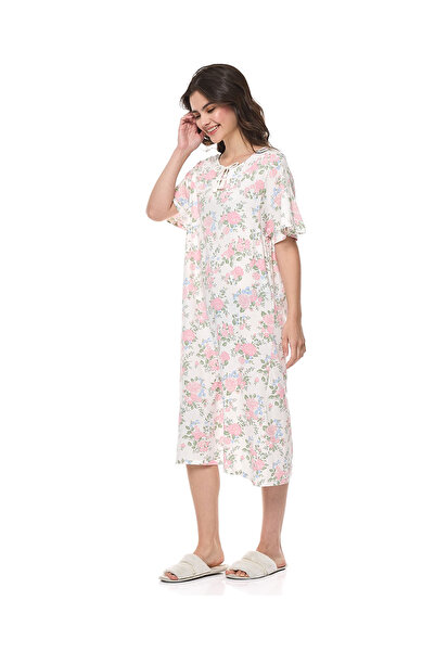R&B Floral Print Nightdress with Tie-Neck and Short Sleeves