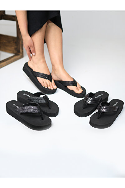 HANOX Nerio Wedge Heel Women's Flip Flops Beach Black Slippers Flip Flops (4.3) cm