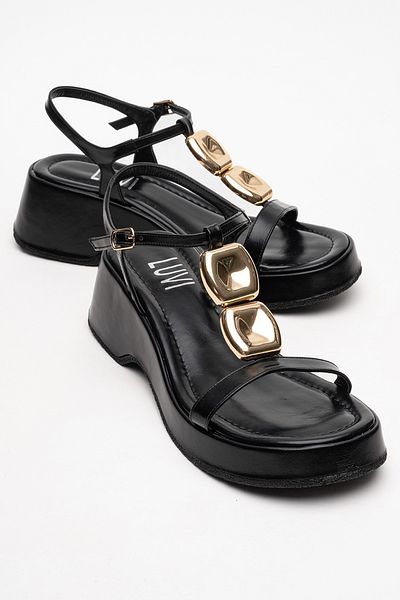 LuviShoes Kerry Black Gold Buckle Wedge Sole Women's Sandals