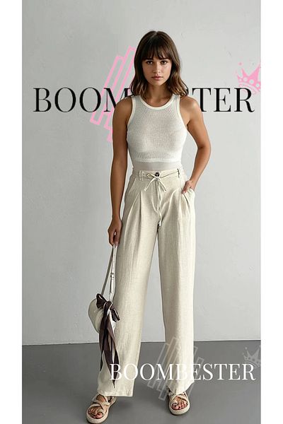 BoomBester Women's Broken Twill Linen Palazzo Trousers with Elastic Waist and Lace Detail