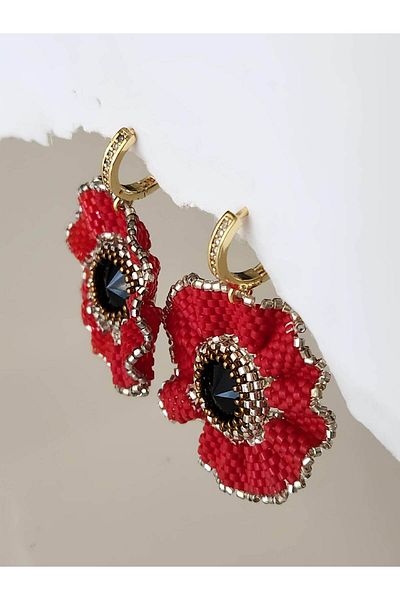 Eva Takı Store Flower Model Miyuki Red Colored Handmade Bohemian Earrings 5cm