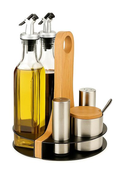 MAVİ TREND Countertop Spice Rack and Oil Pot Set with Metal Wooden Stand - Set of 2 Glass Oil Pots and 3 Stainless Steel