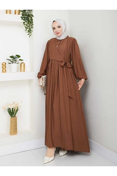 TOKARİS TEKSTİL Women's Front Closure Buttoned Shirt Collar Savior Hijab Strawberry Dress