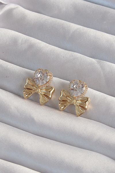 ALFA AKSESUAR 03 Brass Gold Color Zircon Stone Heart Model Bow Earrings - Tj-Bkp9311