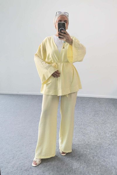 Hatun Atila Stone Detailed Belted Kimono Jacket and Wide Leg Pants Two-Piece Set 8869 - Yellow