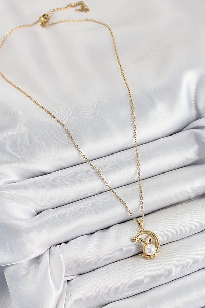 Clariss 316L Steel Pearl Detailed Crescent Rabbit Model Gold Color Women's Necklace