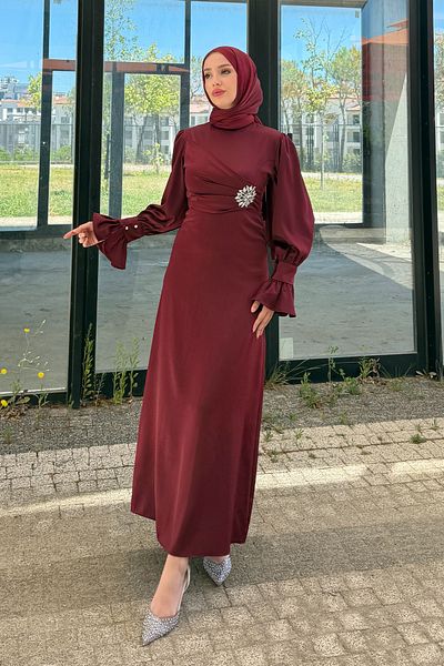 Tesettür Diyarı Satin Side Stone Embroidered Evening Dress