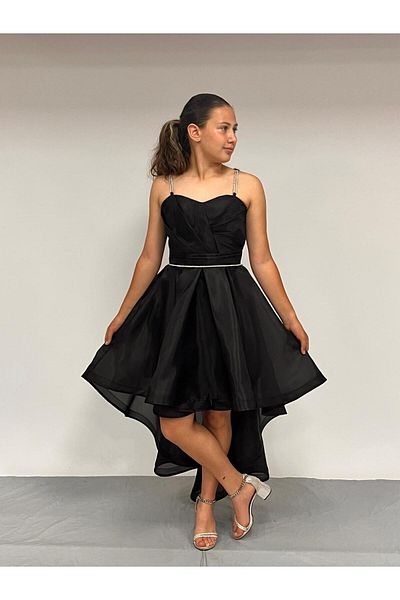 BUTİKHAPPYKİDS Girl's Evening Dress Black Stone Cord Strap Heart Collar Tailed Chiffon Evening Dress 10-15 Years Old