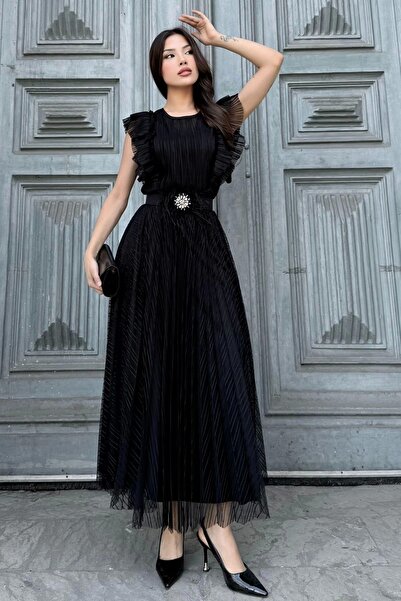 lodmela Straplez Yaka Omuz Fırfır Detaylı Kemerli Abiye Elbise 2282-Siyah