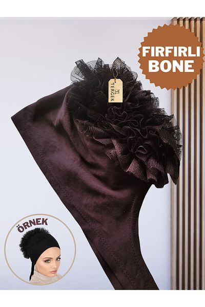 Tergek Frilly Inner Bun Bonnet Brown Cotton Combed Fabric Daily Women's Hijab Headscarf Ready Turban