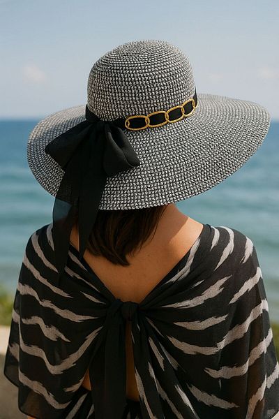 SFCOLLECTION Women's Wide Brim Chain Detailed Straw Beach Hat - Summer Uv Protection Hat