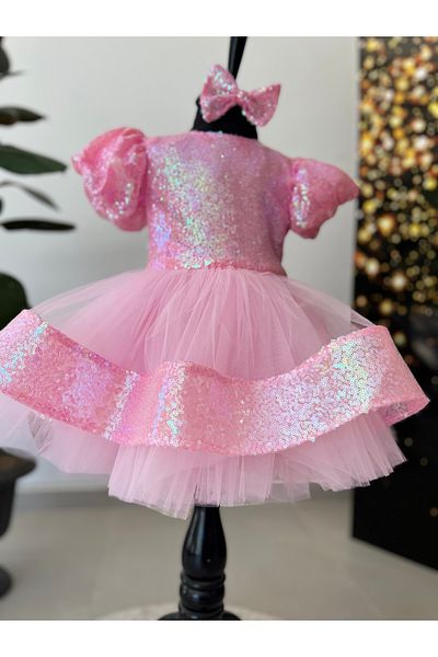 İkrabutikbursa Pink Girl's Evening Dress – Sequined, Puffy, Balloon Sleeves, Stylish Design for Special Occasions