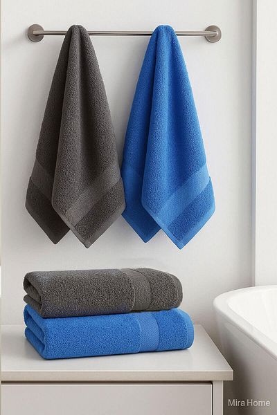 Mira Home 4 Piece Economical Bathroom Towel Set 100% Cotton Quickdry Blue
