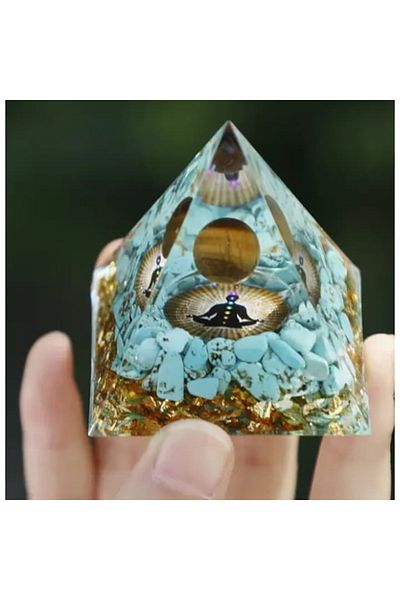 BLA BLA FOAM Orgone Pyramid With Turquoise Stones And Tiger Eye Sphere, Chakra Symbols, 5x5 Cm, Height 6 Cm