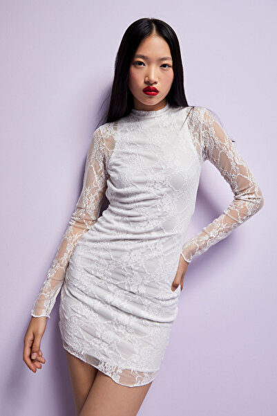 its basic Women's Off-White Color Lined Full Lace Special Design Mini Dress