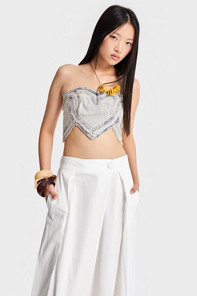 its basic Women's T.Jeans Color Denim Fabric Heart Detailed Special Design Strap Bustier
