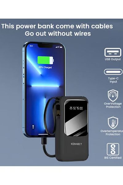 MACON Konnect KN10 22000mAh Power Bank – High-Capacity Portable Charger with Built-in Cables & Fast Charge