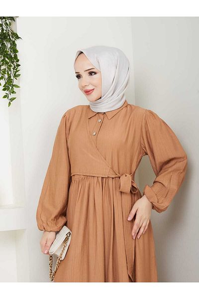 TOKARİS TEKSTİL Women's Front Closure Buttoned Shirt Collar Savior Hijab Strawberry Dress